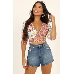 Floral Wrap Crop Top - White & Red